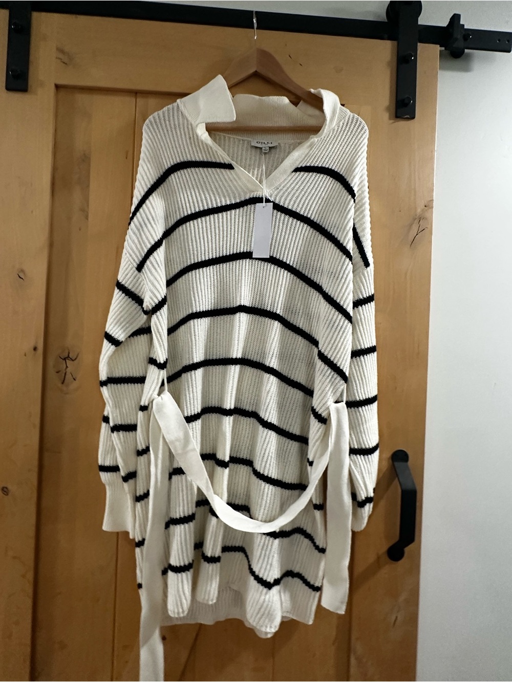 Gilli Cream and Black Striped V-Neck Knit Sweater Dress
